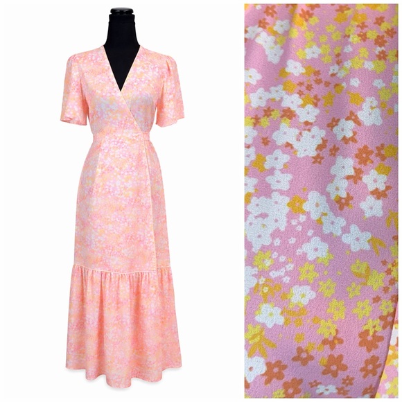 Laroque Dresses & Skirts - LaRoque Floral Wrap Midi Dress Pink Yellow Cottagecore Preppy Feminine Small